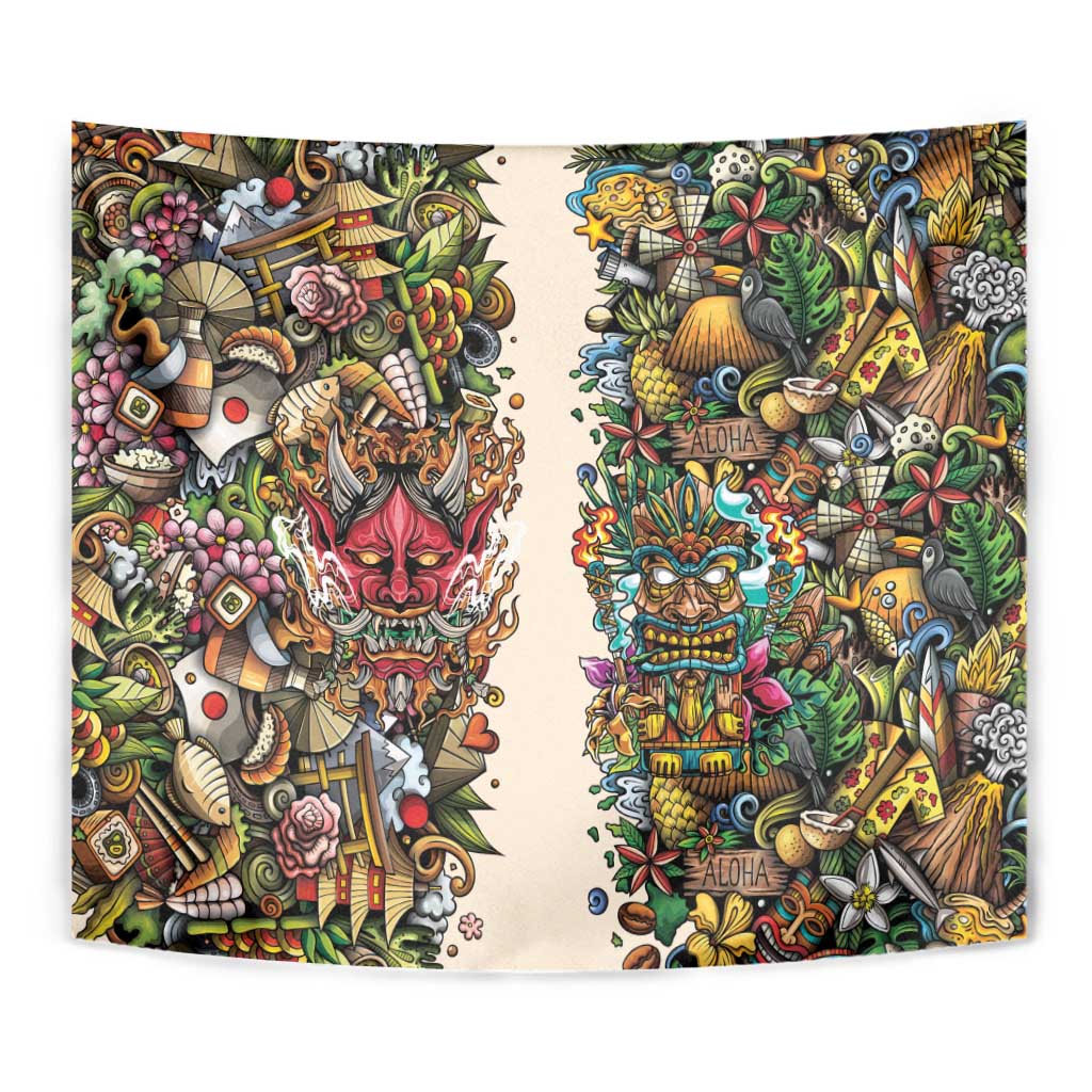 Hawaii And Japan Tapestry Tiki With Oni Mask - Wonder Print Shop