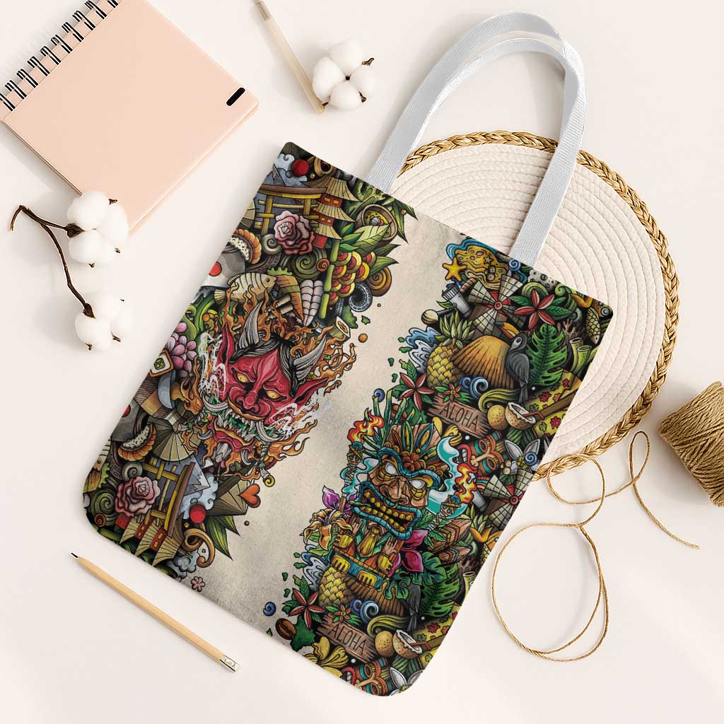 Hawaii And Japan Tote Bag Tiki With Oni Mask - Wonder Print Shop