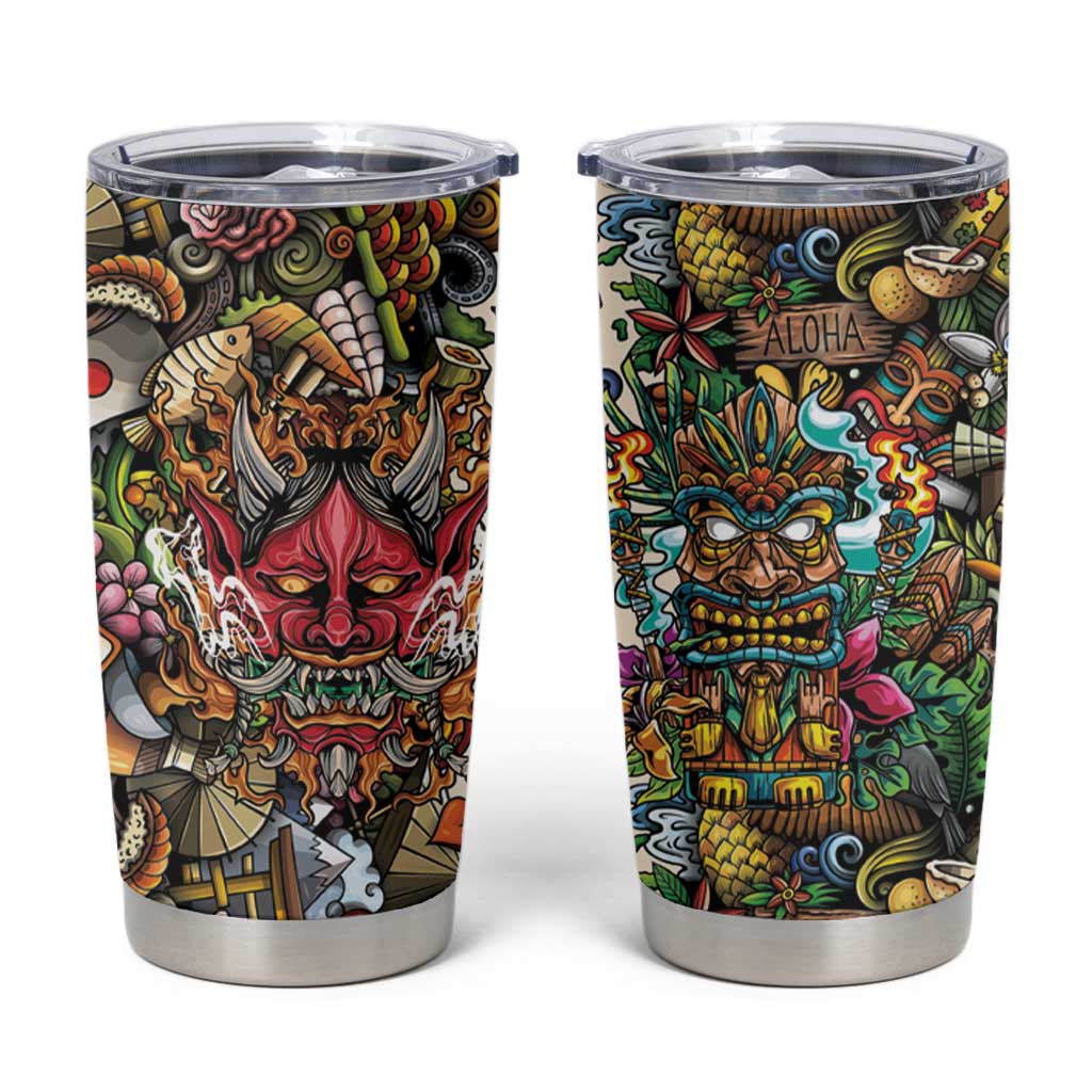 Hawaii And Japan Tumbler Cup Tiki With Oni Mask - Wonder Print Shop