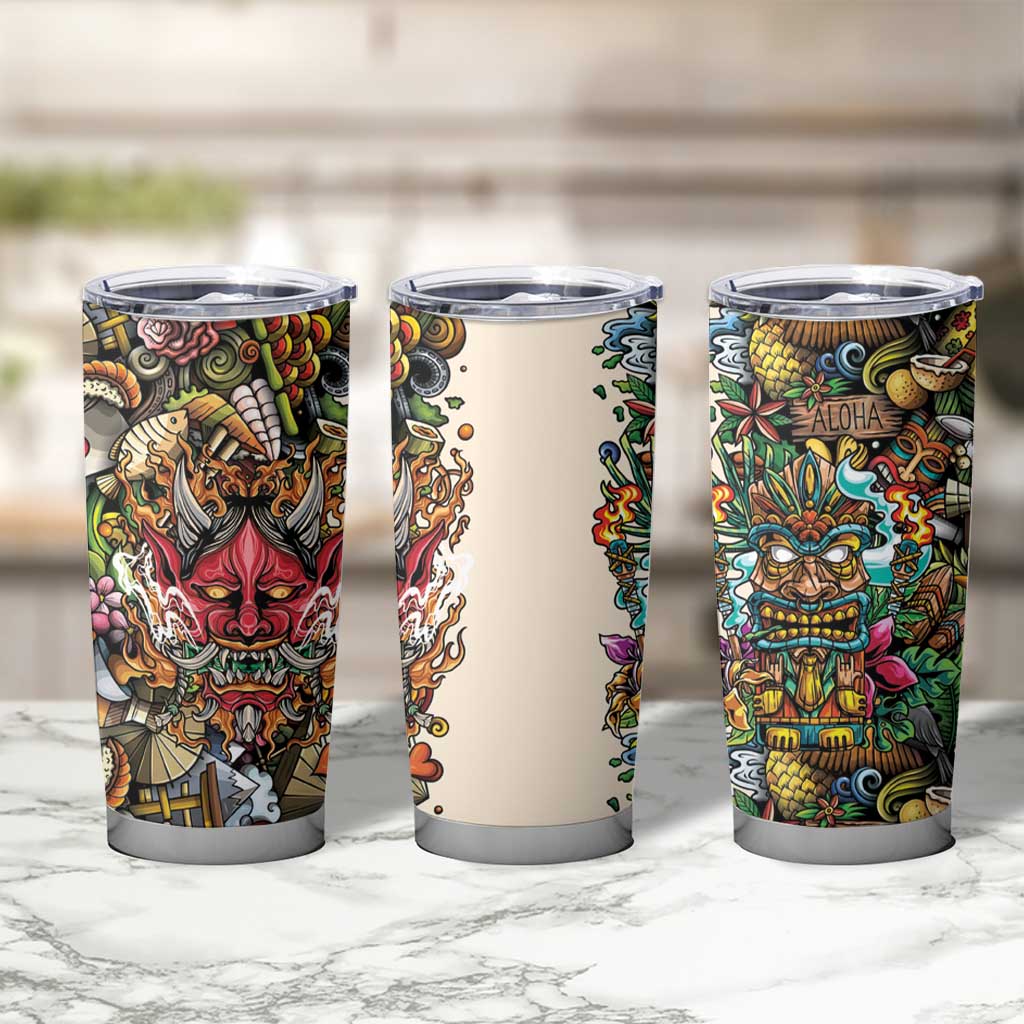 Hawaii And Japan Tumbler Cup Tiki With Oni Mask - Wonder Print Shop