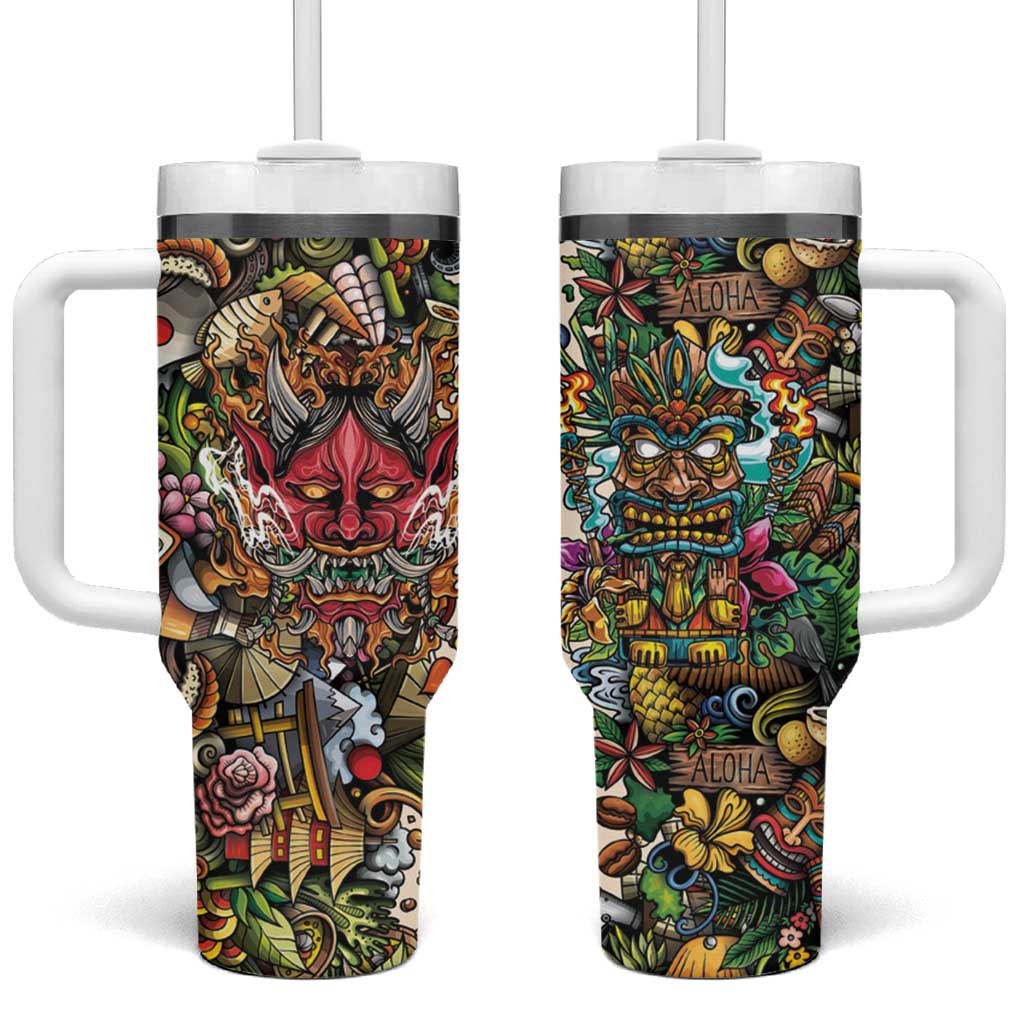 Hawaii And Japan Tumbler With Handle Tiki With Oni Mask - Wonder Print Shop