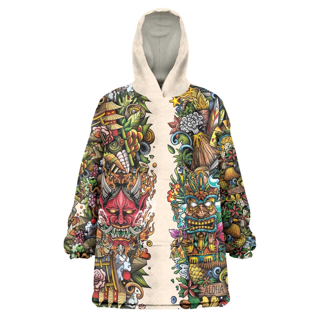 Hawaii And Japan Wearable Blanket Hoodie Tiki With Oni Mask - Wonder Print Shop