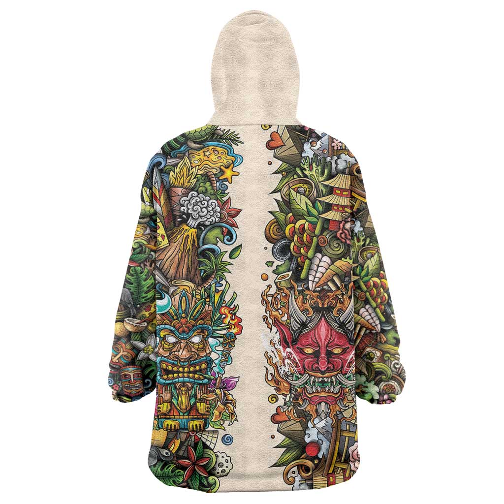 Hawaii And Japan Wearable Blanket Hoodie Tiki With Oni Mask - Wonder Print Shop