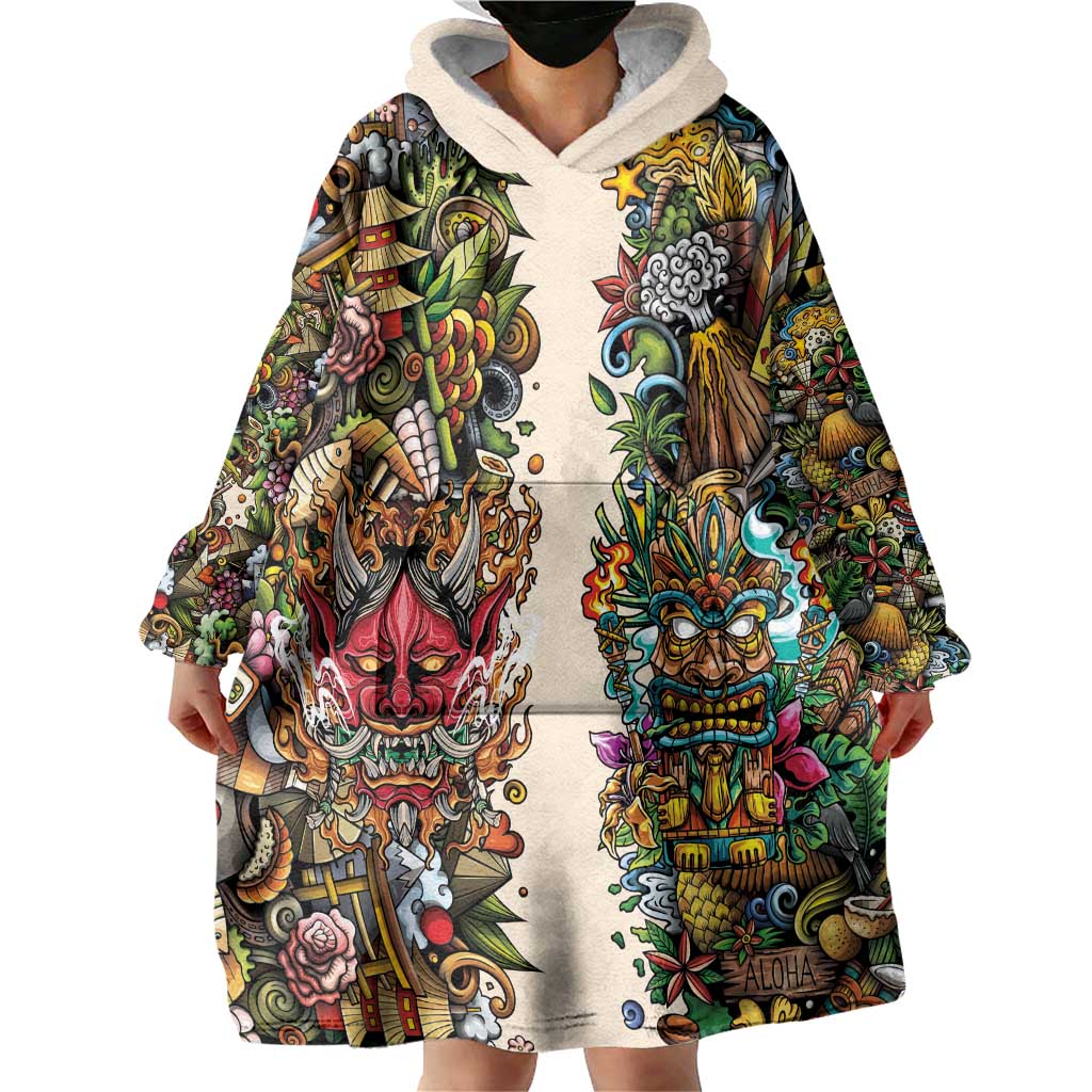 Hawaii And Japan Wearable Blanket Hoodie Tiki With Oni Mask - Wonder Print Shop