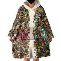 Hawaii And Japan Wearable Blanket Hoodie Tiki With Oni Mask - Wonder Print Shop