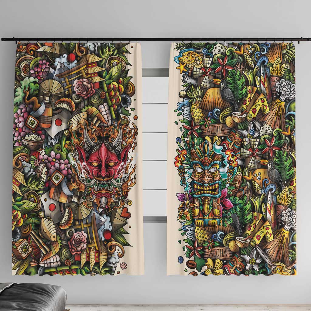 Hawaii And Japan Window Curtain Tiki With Oni Mask - Wonder Print Shop