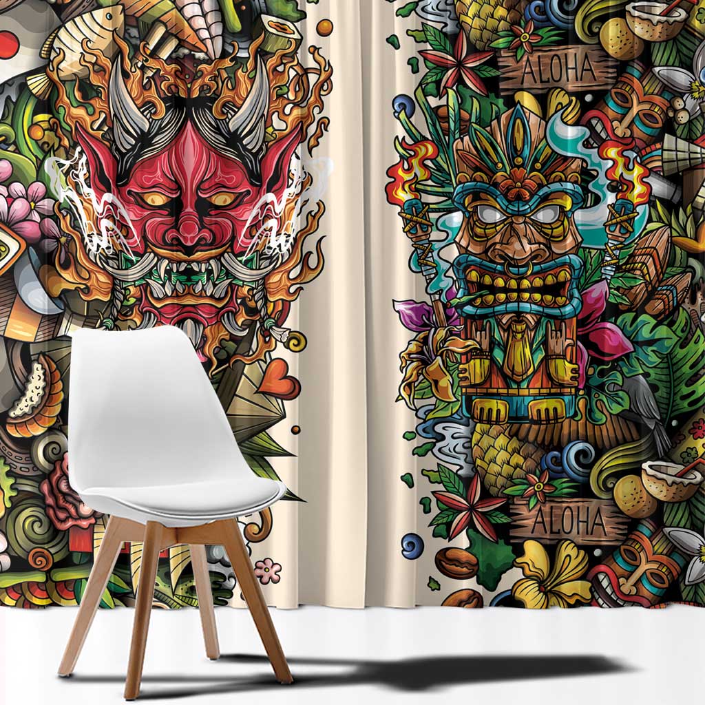 Hawaii And Japan Window Curtain Tiki With Oni Mask - Wonder Print Shop