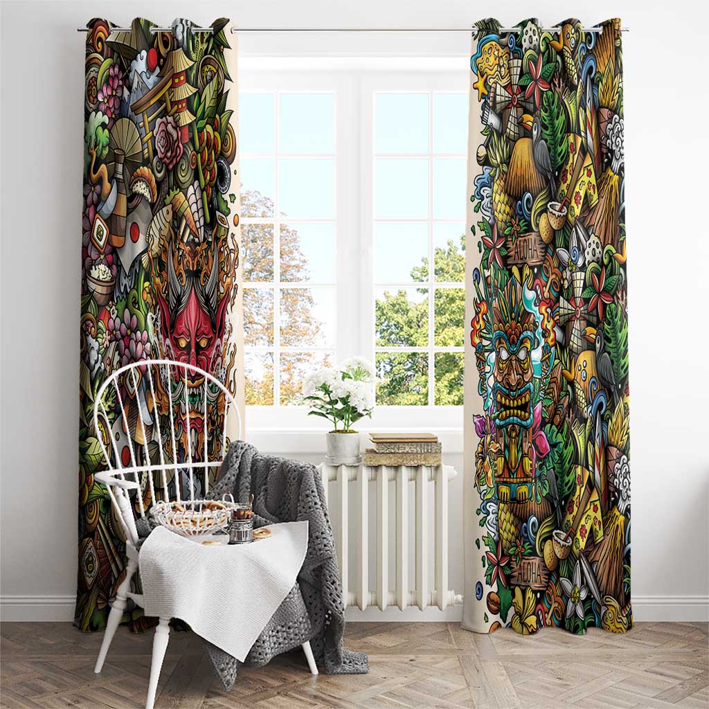 Hawaii And Japan Window Curtain Tiki With Oni Mask - Wonder Print Shop