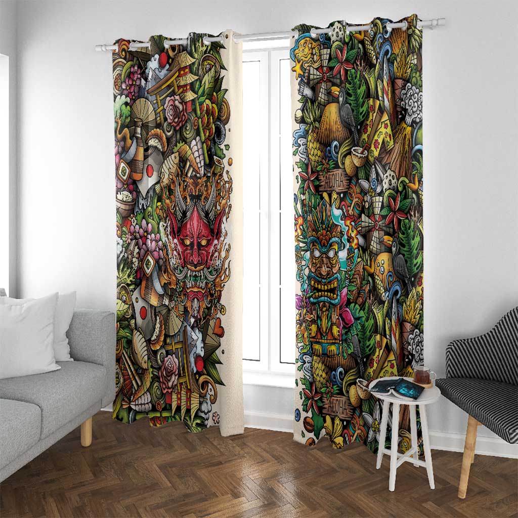 Hawaii And Japan Window Curtain Tiki With Oni Mask - Wonder Print Shop
