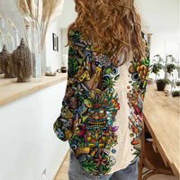 Hawaii And Japan Women Casual Shirt Tiki With Oni Mask - Wonder Print Shop
