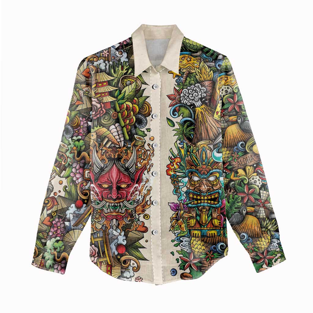 Hawaii And Japan Women Casual Shirt Tiki With Oni Mask - Wonder Print Shop