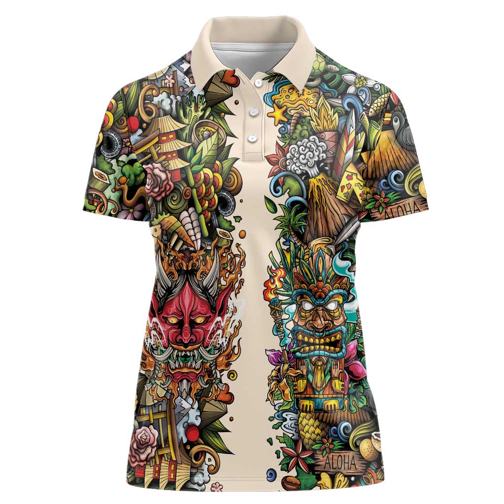 Hawaii And Japan Women Polo Shirt Tiki With Oni Mask - Wonder Print Shop