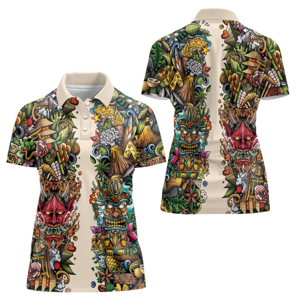 Hawaii And Japan Women Polo Shirt Tiki With Oni Mask - Wonder Print Shop