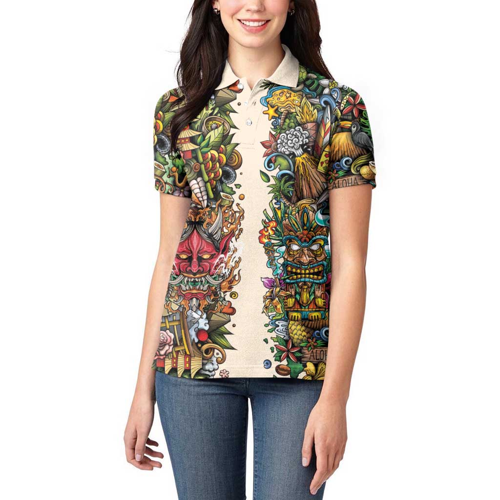 Hawaii And Japan Women Polo Shirt Tiki With Oni Mask - Wonder Print Shop