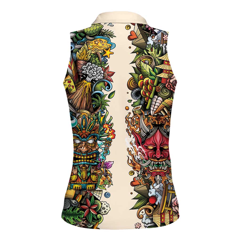 Hawaii And Japan Women Sleeveless Polo Shirt Tiki With Oni Mask - Wonder Print Shop