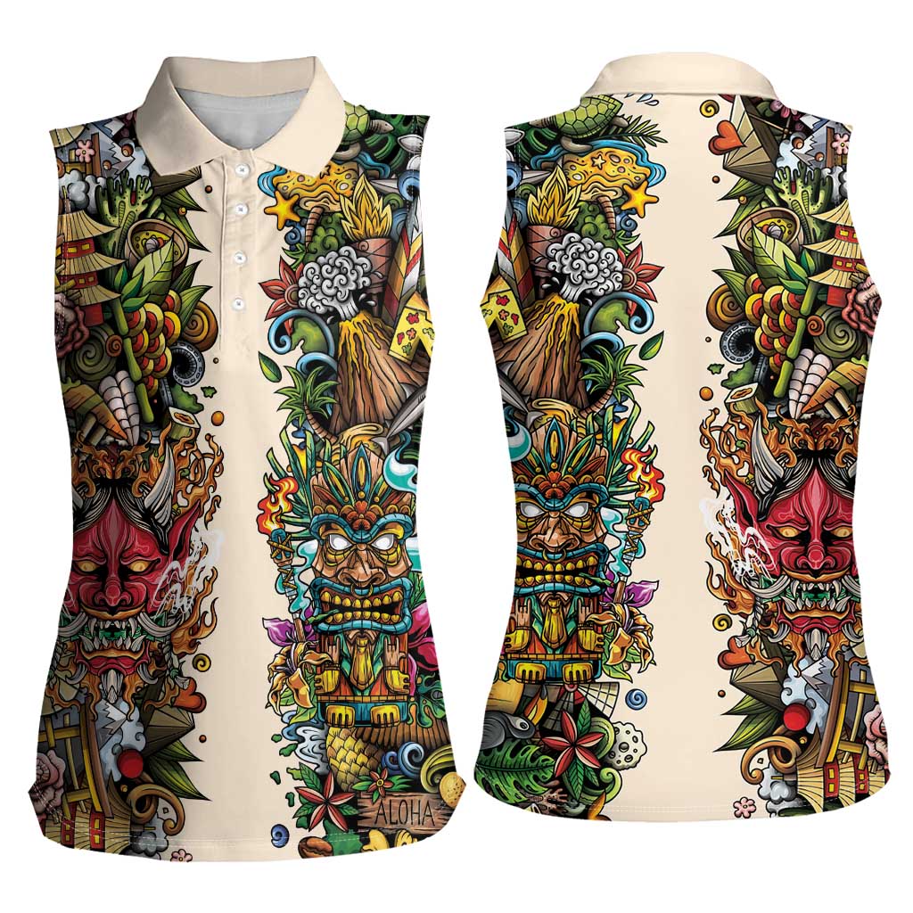 Hawaii And Japan Women Sleeveless Polo Shirt Tiki With Oni Mask - Wonder Print Shop