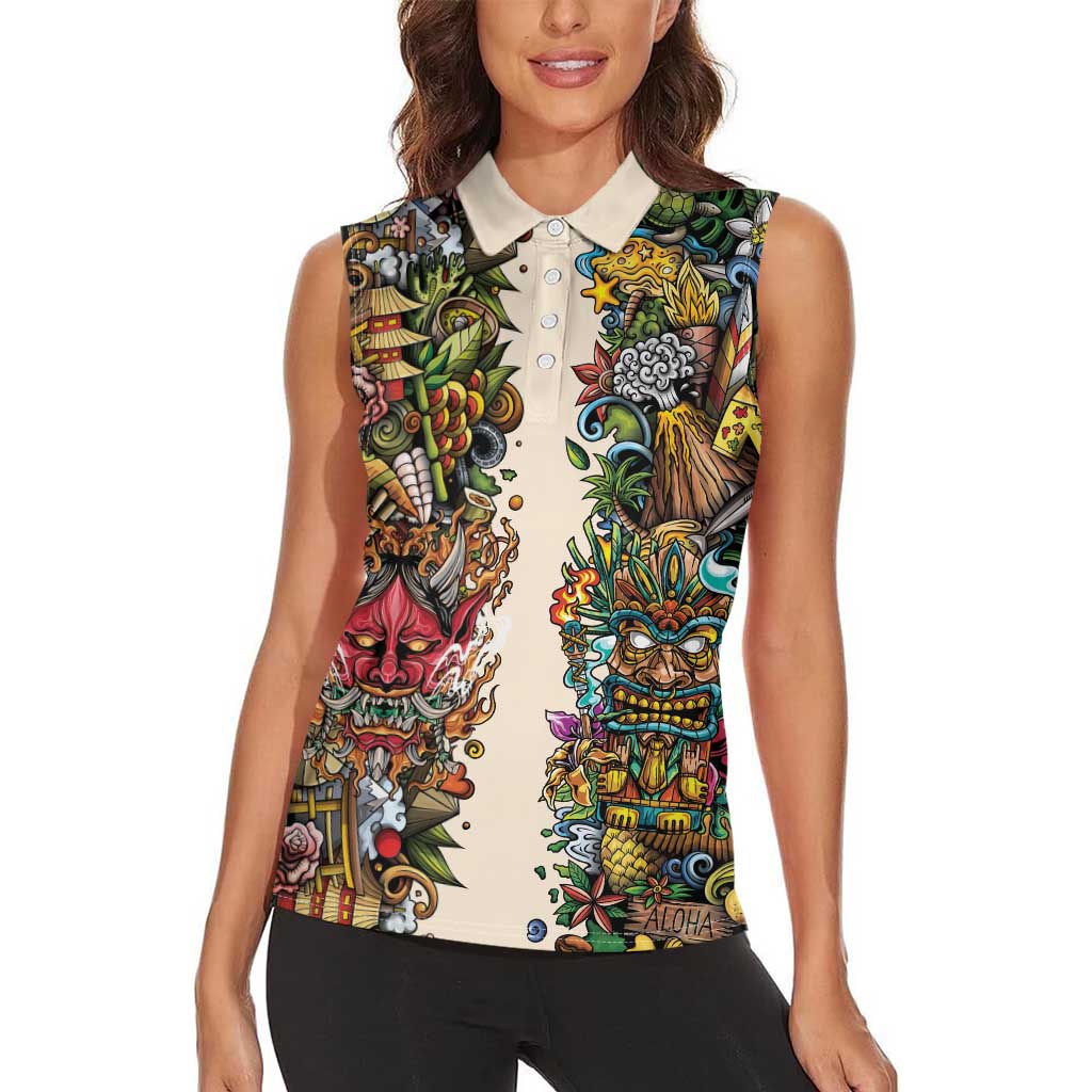 Hawaii And Japan Women Sleeveless Polo Shirt Tiki With Oni Mask - Wonder Print Shop