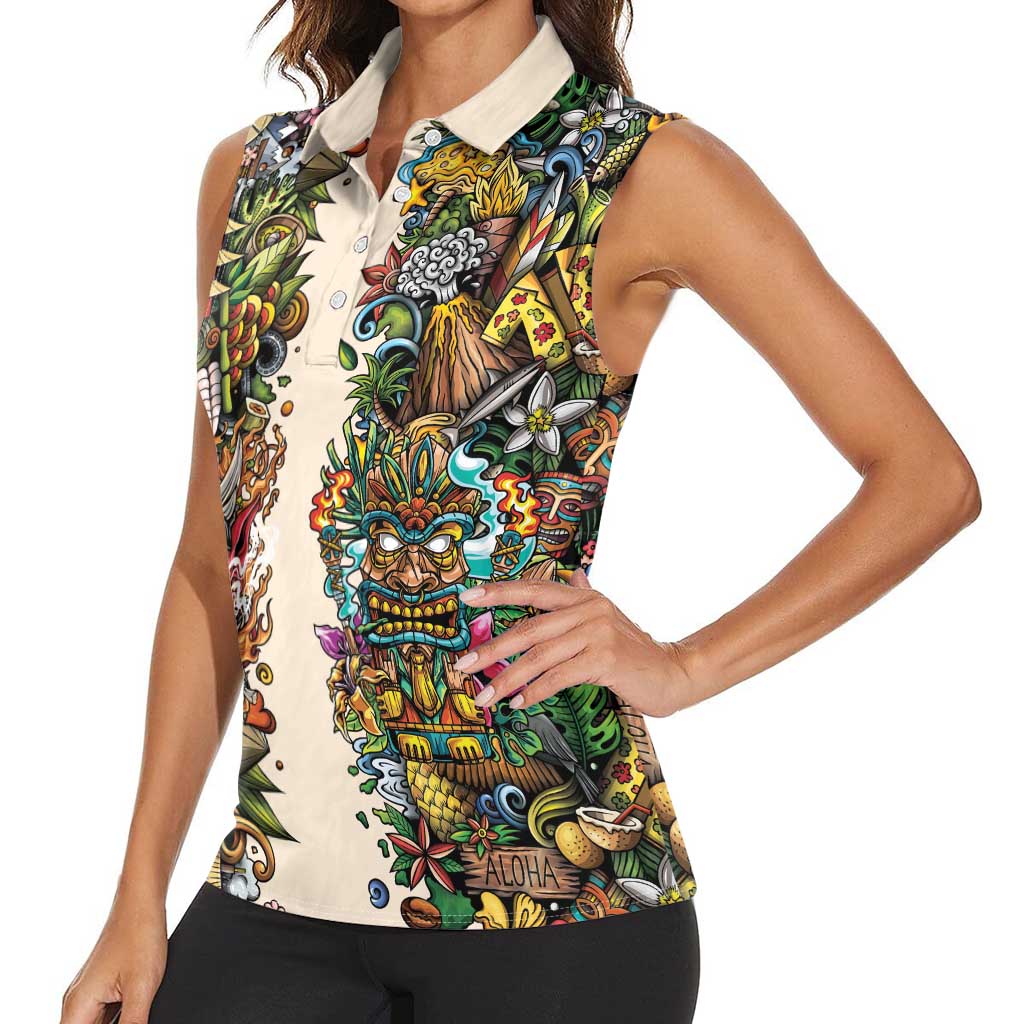 Hawaii And Japan Women Sleeveless Polo Shirt Tiki With Oni Mask - Wonder Print Shop