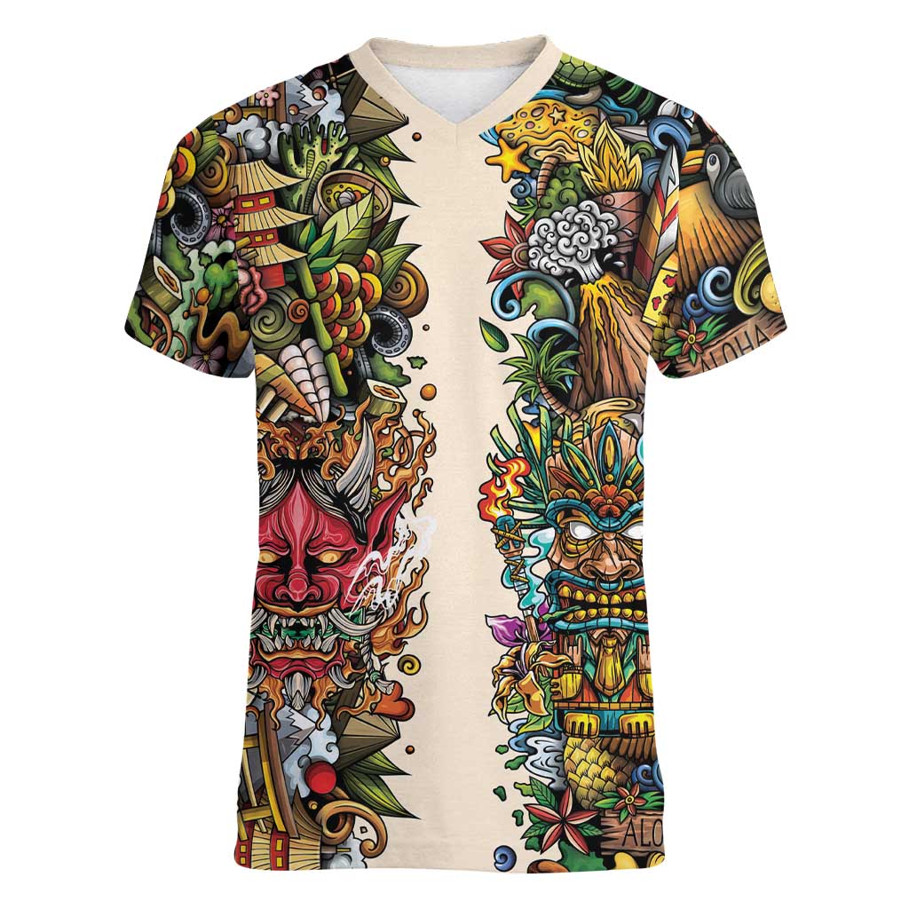 Hawaii And Japan Women V-Neck T-Shirt Tiki With Oni Mask - Wonder Print Shop