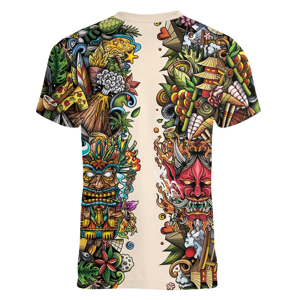 Hawaii And Japan Women V-Neck T-Shirt Tiki With Oni Mask - Wonder Print Shop