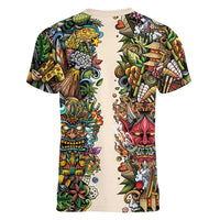 Hawaii And Japan Women V-Neck T-Shirt Tiki With Oni Mask - Wonder Print Shop