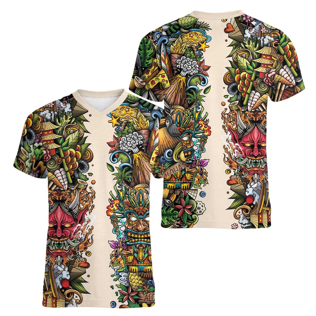 Hawaii And Japan Women V-Neck T-Shirt Tiki With Oni Mask - Wonder Print Shop