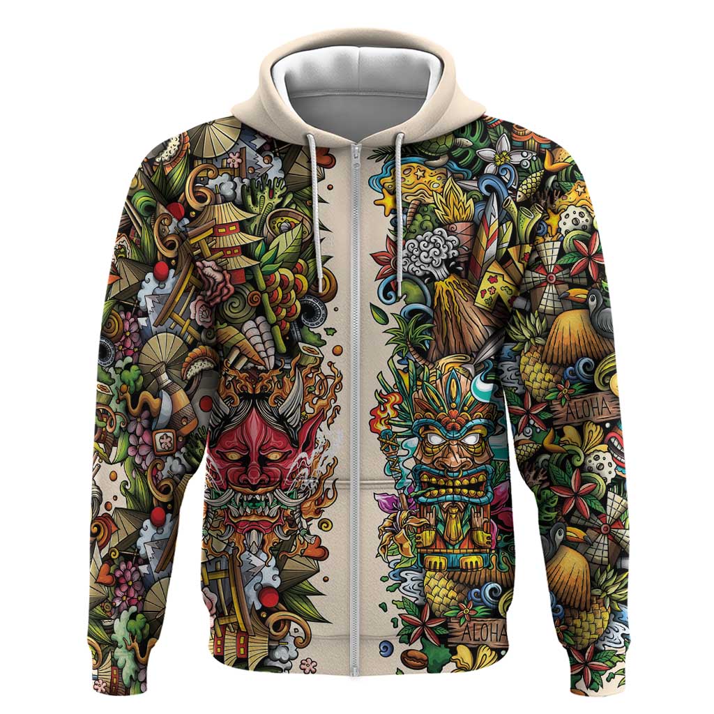 Hawaii And Japan Zip Hoodie Tiki With Oni Mask - Wonder Print Shop