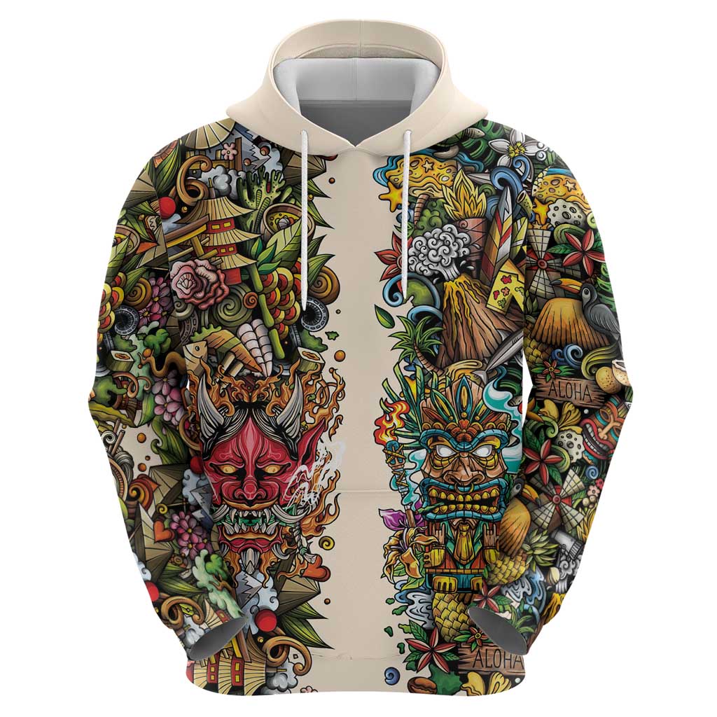 Hawaii And Japan Zip Hoodie Tiki With Oni Mask - Wonder Print Shop