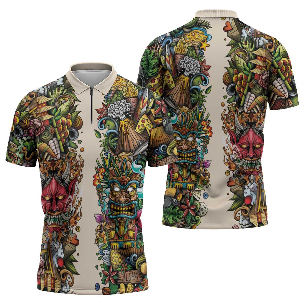 Hawaii And Japan Zipper Polo Shirt Tiki With Oni Mask - Wonder Print Shop