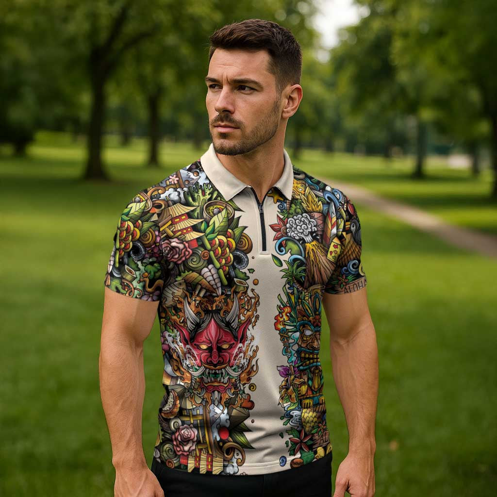 Hawaii And Japan Zipper Polo Shirt Tiki With Oni Mask - Wonder Print Shop