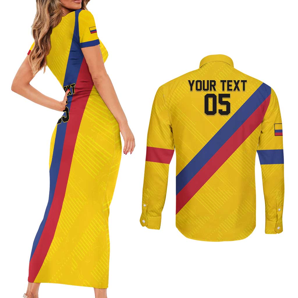 Custom Colombia Football Couples Matching Short Sleeve Bodycon Dress and Long Sleeve Button Shirt Vamos La Tricolor Retro Style
