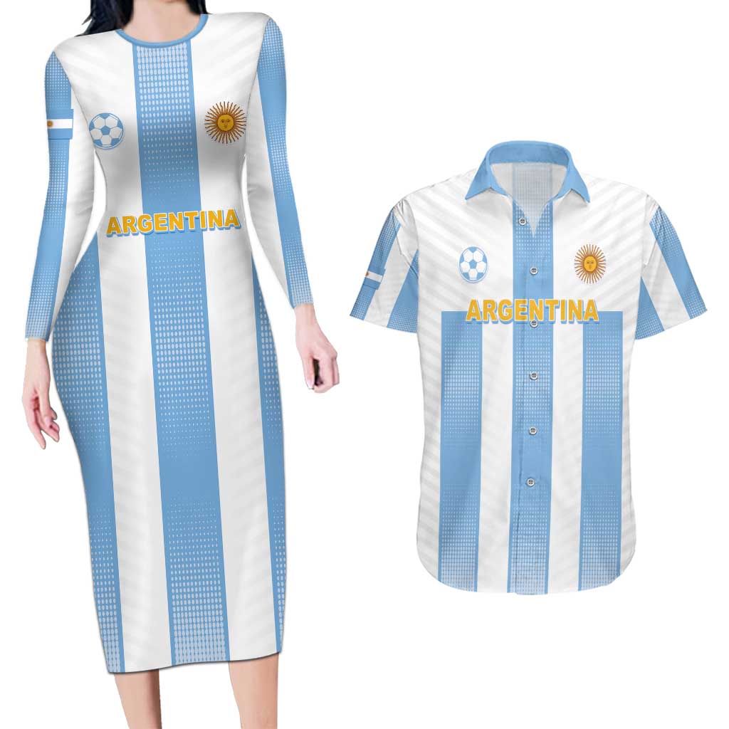 Custom Argentina Football Couples Matching Long Sleeve Bodycon Dress and Hawaiian Shirt Albiceleste Unique Style