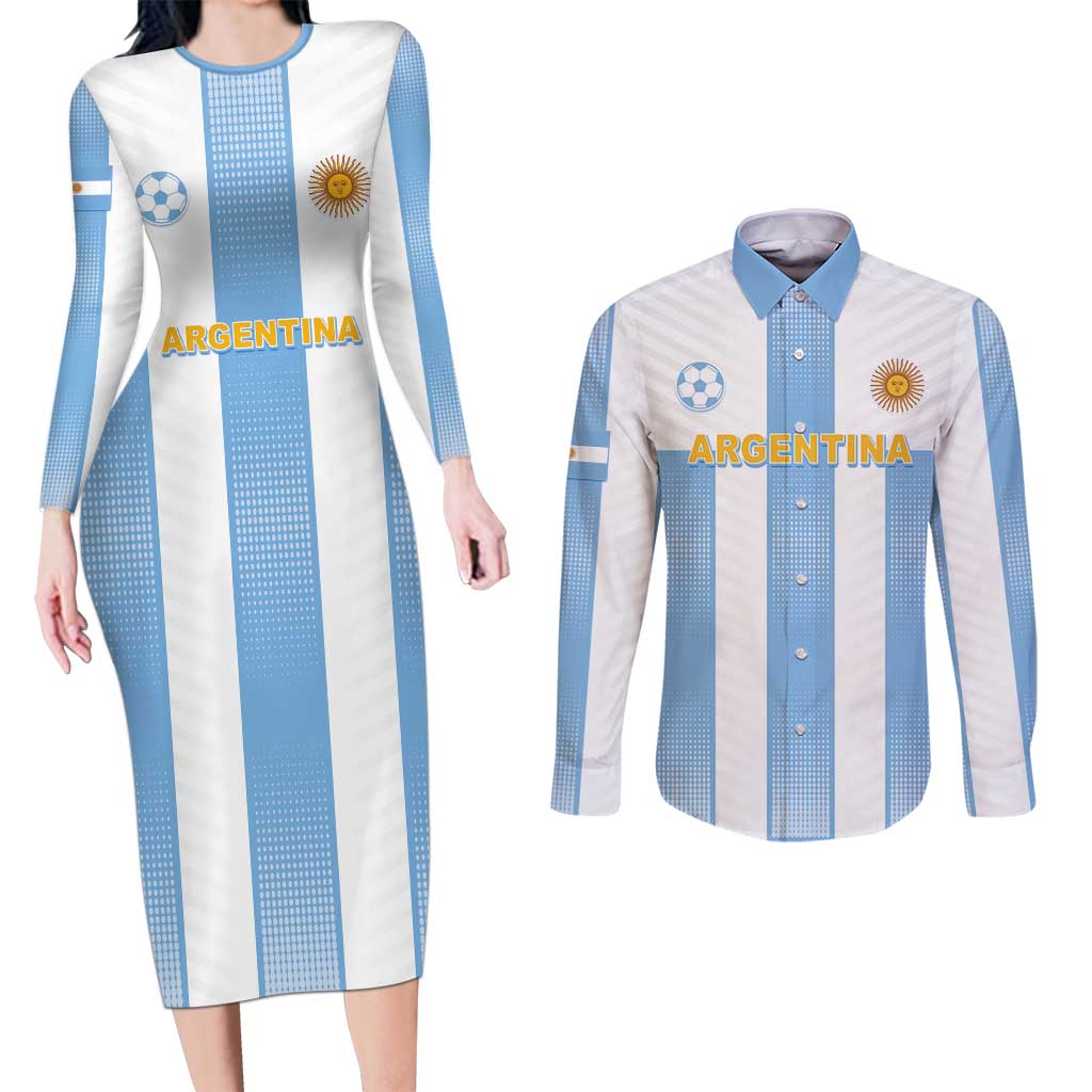 Custom Argentina Football Couples Matching Long Sleeve Bodycon Dress and Long Sleeve Button Shirt Albiceleste Unique Style