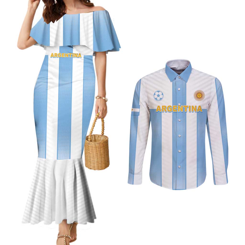 Custom Argentina Football Couples Matching Mermaid Dress and Long Sleeve Button Shirt Albiceleste Unique Style