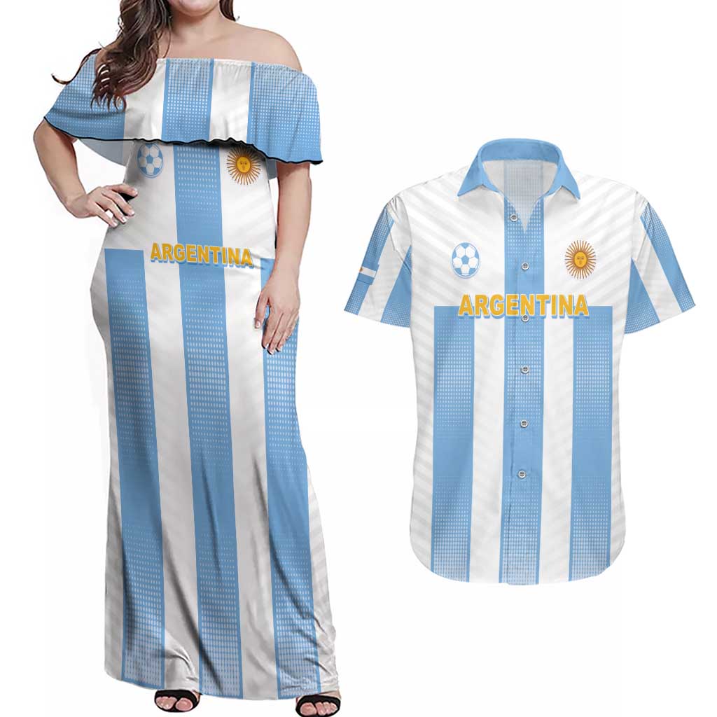 Custom Argentina Football Couples Matching Off Shoulder Maxi Dress and Hawaiian Shirt Albiceleste Unique Style