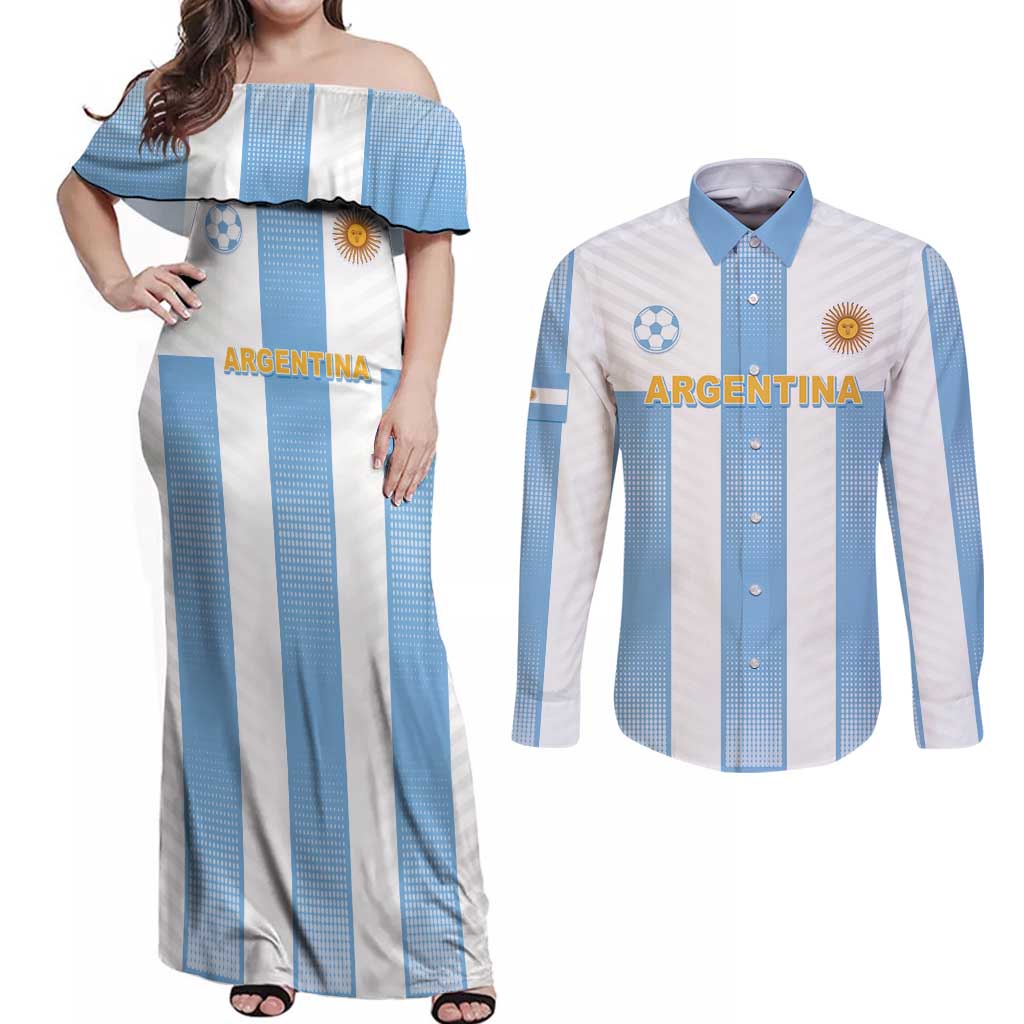 Custom Argentina Football Couples Matching Off Shoulder Maxi Dress and Long Sleeve Button Shirt Albiceleste Unique Style