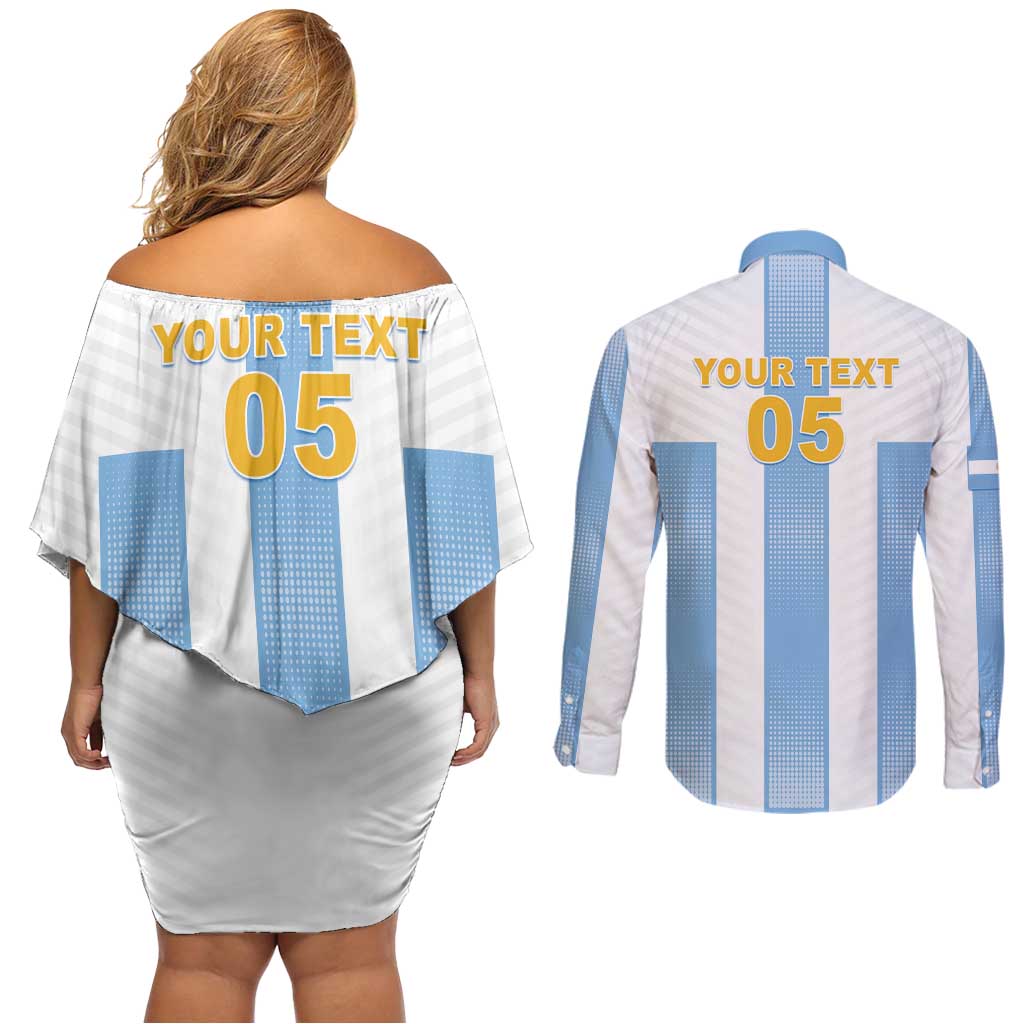 Custom Argentina Football Couples Matching Off Shoulder Short Dress and Long Sleeve Button Shirt Albiceleste Unique Style