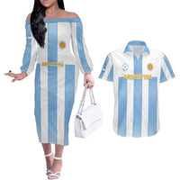 Custom Argentina Football Couples Matching Off The Shoulder Long Sleeve Dress and Hawaiian Shirt Albiceleste Unique Style