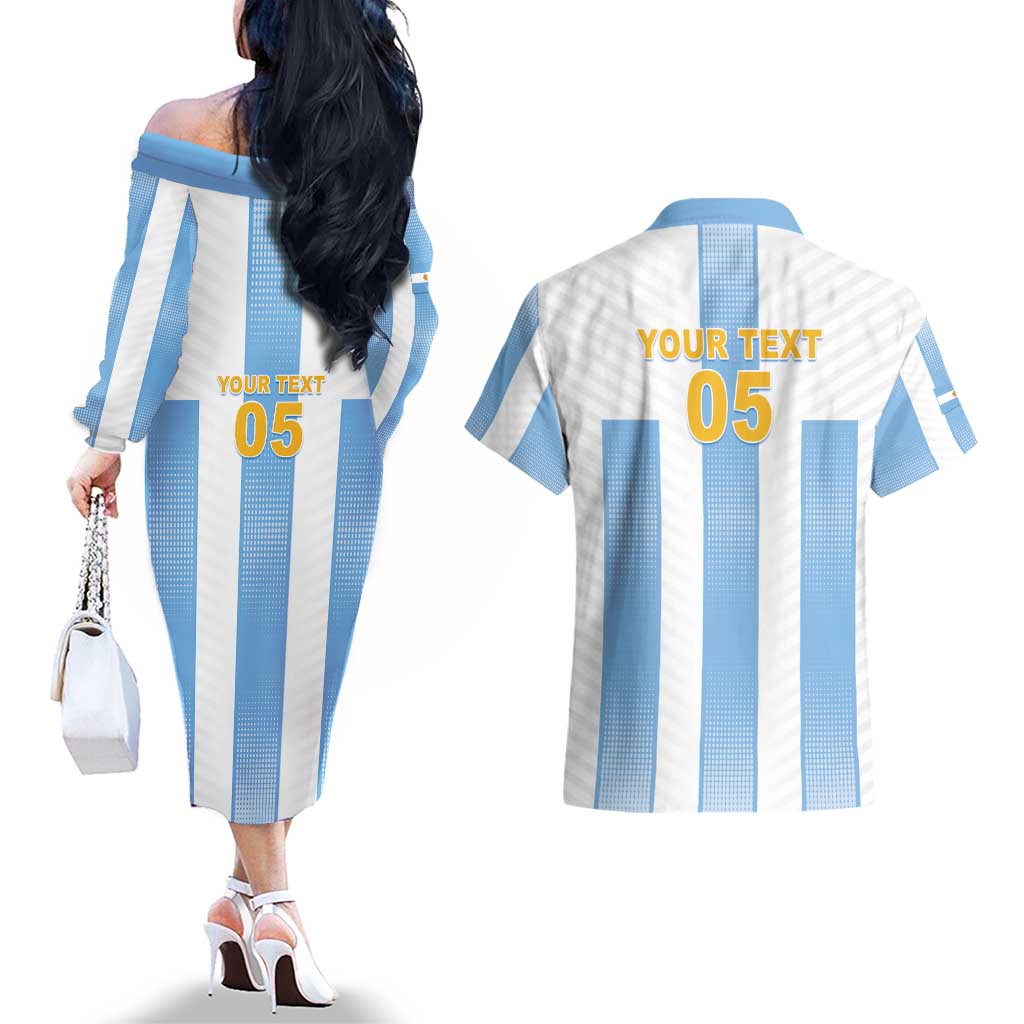 Custom Argentina Football Couples Matching Off The Shoulder Long Sleeve Dress and Hawaiian Shirt Albiceleste Unique Style