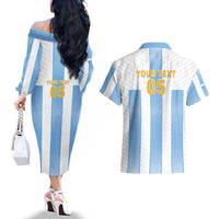 Custom Argentina Football Couples Matching Off The Shoulder Long Sleeve Dress and Hawaiian Shirt Albiceleste Unique Style