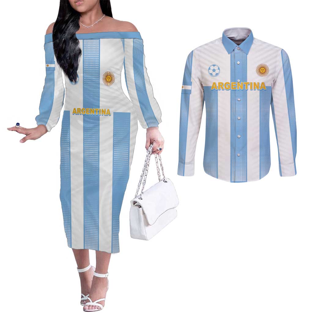 Custom Argentina Football Couples Matching Off The Shoulder Long Sleeve Dress and Long Sleeve Button Shirt Albiceleste Unique Style