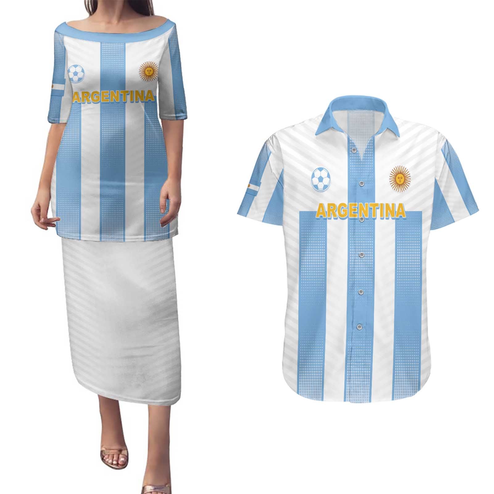 Custom Argentina Football Couples Matching Puletasi and Hawaiian Shirt Albiceleste Unique Style
