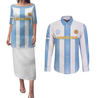 Custom Argentina Football Couples Matching Puletasi and Long Sleeve Button Shirt Albiceleste Unique Style
