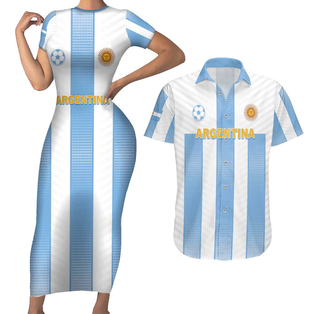 Custom Argentina Football Couples Matching Short Sleeve Bodycon Dress and Hawaiian Shirt Albiceleste Unique Style
