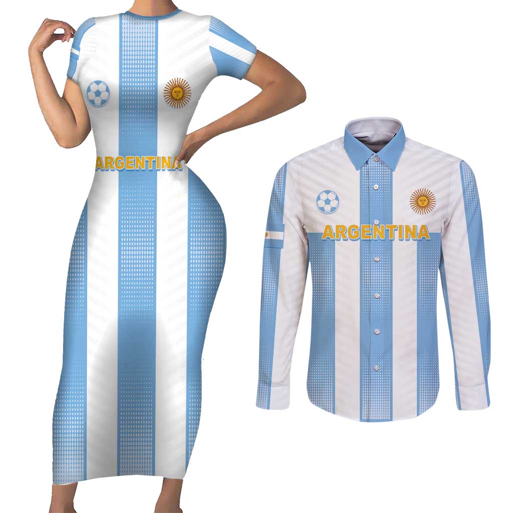 Custom Argentina Football Couples Matching Short Sleeve Bodycon Dress and Long Sleeve Button Shirt Albiceleste Unique Style
