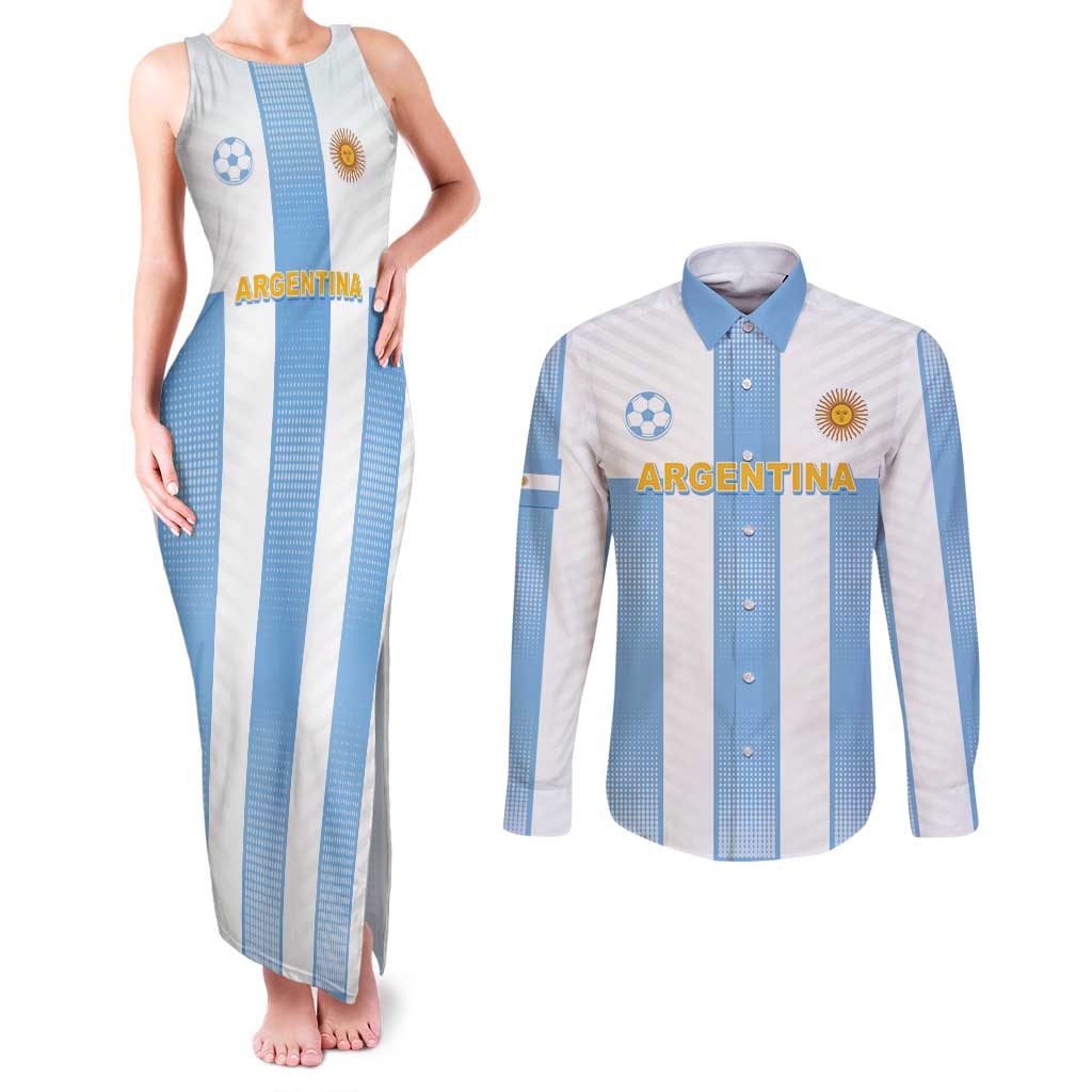 Custom Argentina Football Couples Matching Tank Maxi Dress and Long Sleeve Button Shirt Albiceleste Unique Style