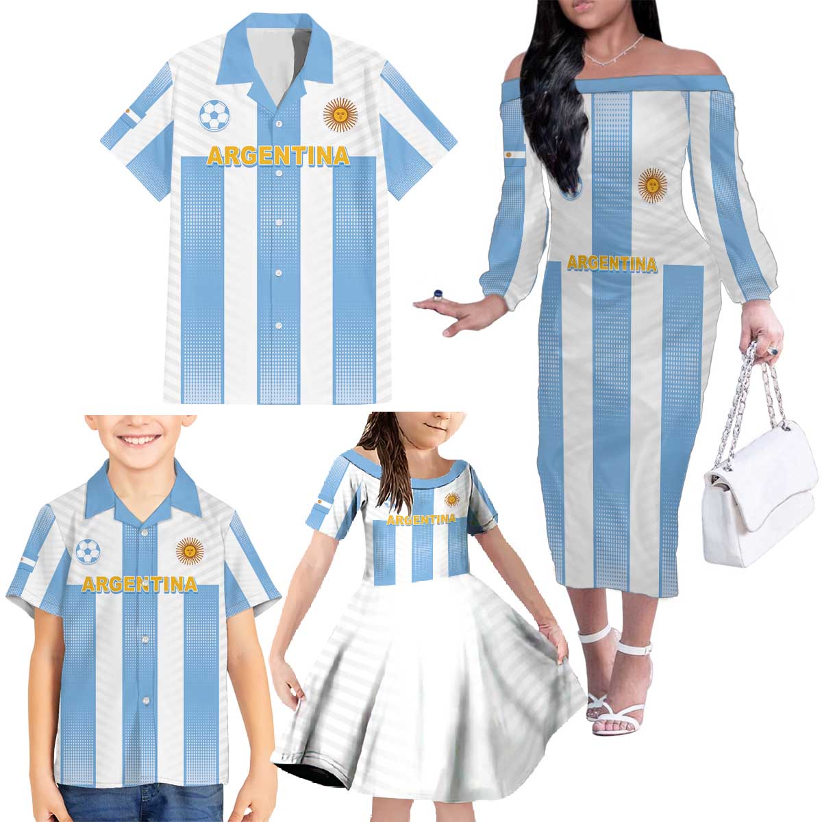 Custom Argentina Football Family Matching Off The Shoulder Long Sleeve Dress and Hawaiian Shirt Albiceleste Unique Style