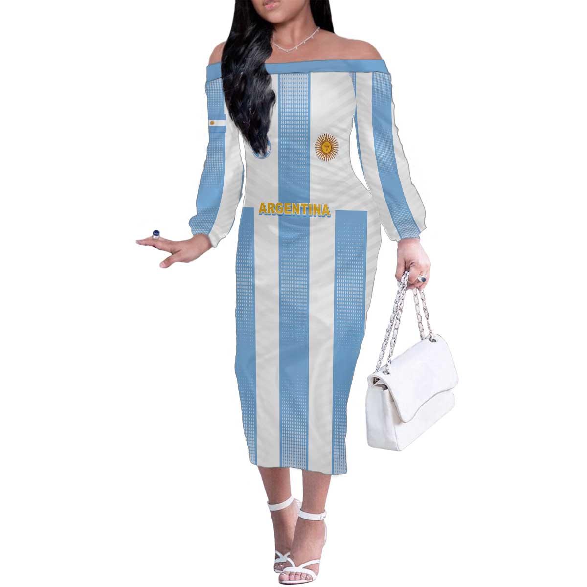 Custom Argentina Football Family Matching Off The Shoulder Long Sleeve Dress and Hawaiian Shirt Albiceleste Unique Style