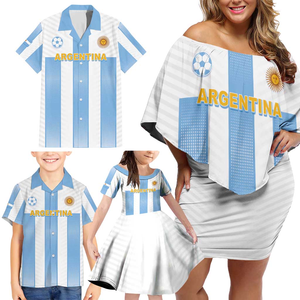Custom Argentina Football Family Matching Off Shoulder Short Dress and Hawaiian Shirt Albiceleste Unique Style