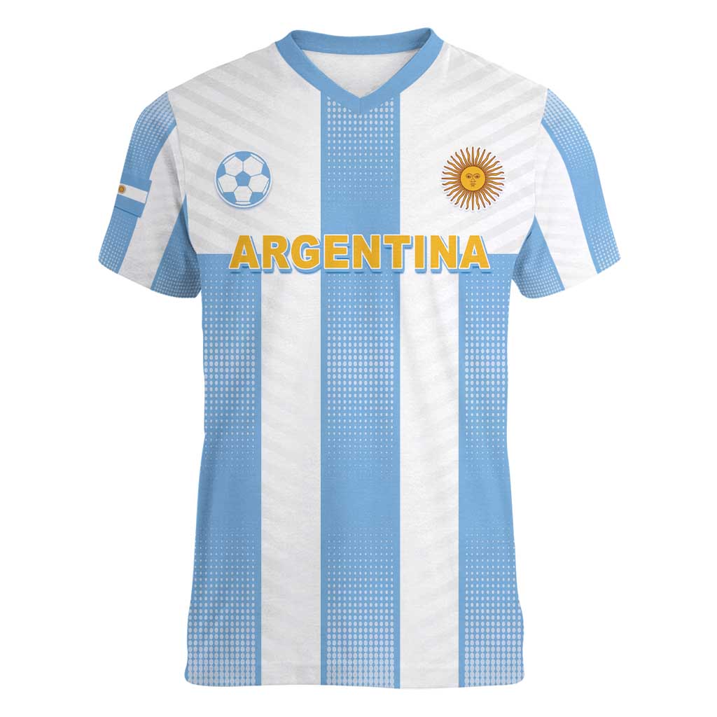 Custom Argentina Football Women V-Neck T-Shirt Albiceleste Unique Style